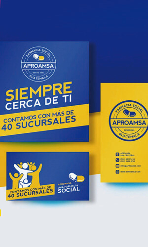 Mockup de banner y tarjeta de presentación para farmacias Aproamsa, Guatemala