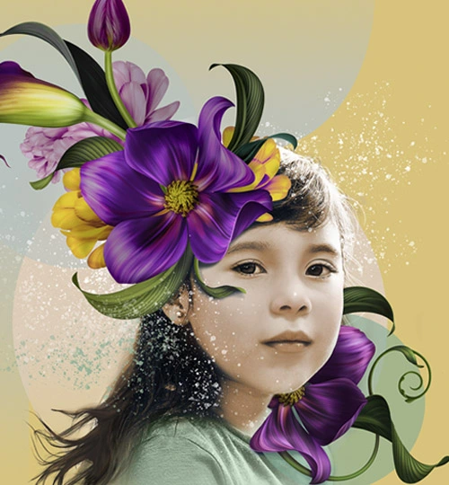 Retrato de Bella niña con tocado de flor en la cabeza